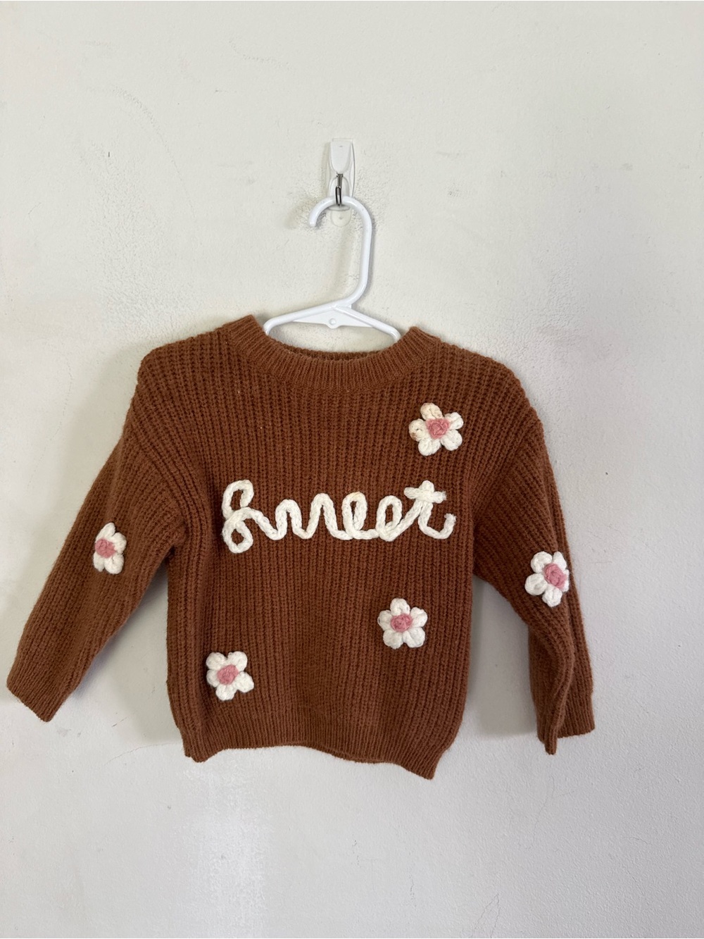 Shein Baby Girl "Sweet" Chunky Knit Brown White Crewneck Sweater, Size 9/12 Mo